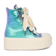 The sneakers are high-top platform-style shoes with a dominant color scheme of opalescent and cream. They feature a thick, cream-colored rubber sole with layered detailing that gives the shoe a bold and chunky silhouette. The upper part of the sneakers is primarily opalescent, constructed with leather material. The design includes metal eyelets for the laces, which are cream-colored and chunky, complementing the sole. Concept Sneakers, Brand Concept, Girly Shoes, Sneakers For Men, Luxury Closet, Clothes Collection, Leather Material, Color Scheme, Cream Color