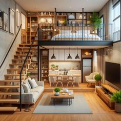 a living room filled with furniture next to a staircase