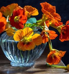 an arrangement of orange and red flowers in a glass vase on a wooden table with dark background