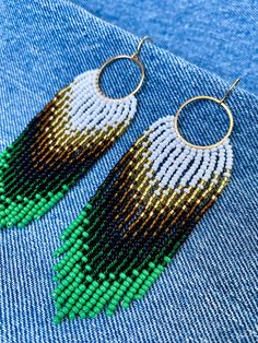 Beaded earrings with fringe, handmade with love 💙💛 Gold Beaded Earrings, Fringe Beaded Earrings, Kumihimo Patterns, Gold Bead Earrings, Handmade Earrings Beaded, Earrings Beaded, Colors Green, Designer Jewelry, Green Brown