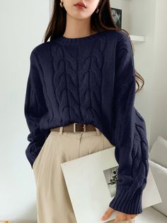 Navy Blue Casual Collar Long Sleeve Fabric Plain Pullovers Embellished Slight Stretch Spring/Fall Women Knitwear Outfits For Adults Women, University Outfits, European Girl, Seasonal Outfits, Bts Outfits, Office Clothes, Pullover Outfit, Winter Closet