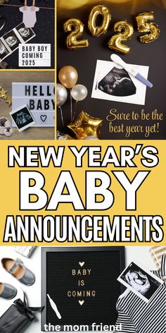 the new year's baby announcement is shown with gold balloons and black and white decorations