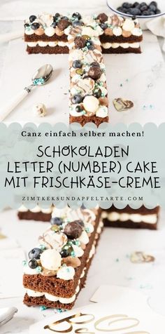 three pieces of cake sitting on top of a table with the words, schlckladen letter number cake mit friskkrase - creme