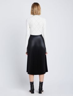 Black faux leather faux-leather pleated skirt from Proenza Schouler White Label featuring high waist, fully pleated and mid-length. Fitted Leather Pleated Skirt, Chic Leather Pleated Skirt, Chic Leather Pleated Skirt For Fall, Luxury Black Skirt For Fall, Faux Leather Pleated Skirt, Pleated Skirt Black, Knife Pleats, Leather Pleated Skirt, Black High Waist