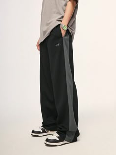 Black Casual Collar  Woven Fabric Colorblock,Letter Wide Leg Embellished Non-Stretch All Men Clothing Lowers Pants For Men, Track Pants Outfit Mens, Shein Men Outfit, Men’s Pants, Lower For Men, Black Sweatpants Men, Sweat Pants For Men, Men Track Pants, Pants Mens Fashion