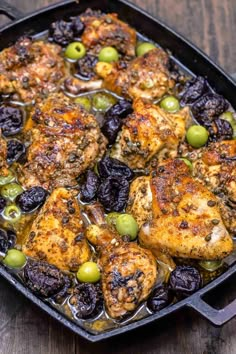 chicken and olives in a skillet with text overlay that reads a classic recipe from the silver plate cookbook