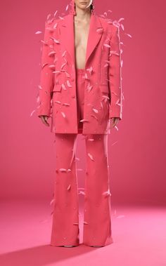 Jean Louis Sabaji 600531 Pant Suit Pink Suit With Feathers, Feather Outfit, Look Festival, Feather Tops, Glam Photoshoot, Designer Suits For Men, Concept Clothing, Stage Costume, Statement Dress