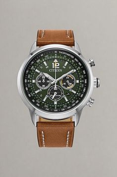 The Avion men's chronograph watch from Citizen is a vintage-inspired timepiece reminiscent of transatlantic flights from the 1950's. Design cues taken from the golden age of travel include the rich brown leather strap with contrast stitching, luminous markers and a classic date function. The 44mm stainless steel case houses the green dial with 1/5th-second chronograph and 12/24-hour time subdials. The timepiece is equipped with Eco-Drive® technology, powered by light, so it never needs a battery Classic Chronograph Watch With Tachymeter, Timeless Brown Chronograph Watch With Tachymeter, Classic Chronograph Watch, Classic Chronograph Watch With Analog Round Dial, Watches With Subdials And Round Dial, Classic Analog Chronograph Watch With Round Dial, Travel Watches With Subdials, Travel Chronograph Watch With Subdials, Brown Chronograph Watch Analog Timeless Style