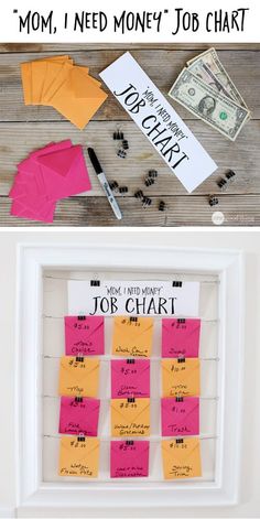 the words mom, i need money job chart are displayed in pink and yellow sticky notes