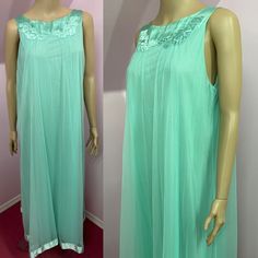 Vintage 60s Aqua Green Chiffon Sleeveless Nightgown With Satin - Etsy Green Sleeveless Summer Nightgown, Sheer Summer Nightgown For Party, Summer Sheer Nightgown For Party, Vintage Sheer Nightgown For Summer, Sheer Sleeveless Nightgown For Party, Sleeveless Summer Evening Nightgown, Sleeveless Nightgown, Women's Nightgowns, Sheer Chiffon