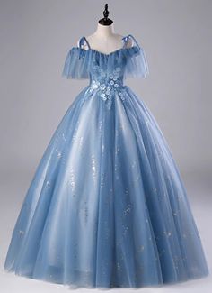 Princess Blue Spaghetti Straps Embroidery Tulle Holiday Party Dress Long Ball Gown, Ball Gown Dress, Make Your Own Dress, Gown Photos, Blue Tulle, A Line Prom Dresses, Holiday Party Dresses, Ball Gown Dresses