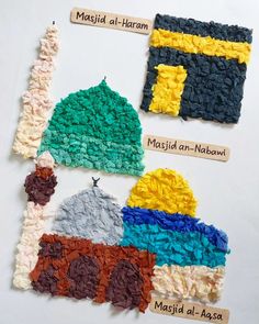 four pieces of crocheted fabric with different colors and sizes on them, each piece has a name tag attached to it