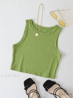 Lasaky - Knitted Crop Top with Hollow-Out Design for Layering Flatlay Clothes, Knitted Crop Tank Top, Knitted Crop Top, Stylish Crop Top, Big Girl Fashion, Women Tank Tops, Wear Green, Summer Crop Tops, Cropped Tops