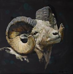 an oil painting of a ram with large horns on a black background, looking at the viewer