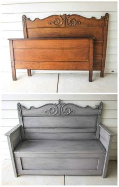 an old bed is transformed into a bench