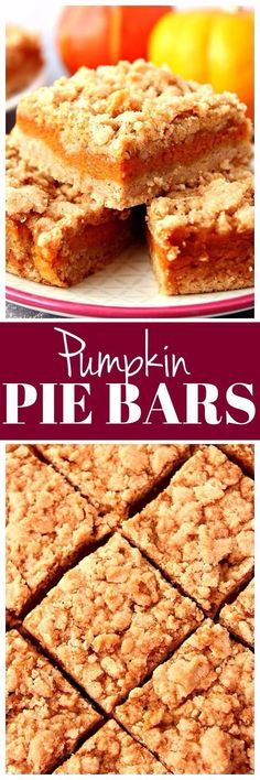 pumpkin pie bars cut into squares and stacked on top of each other with text overlay