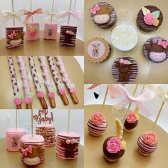 there are many different types of desserts on the table with pink and brown decorations