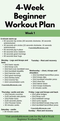 the 4 - week beginer workout plan is shown in green and black, with instructions for