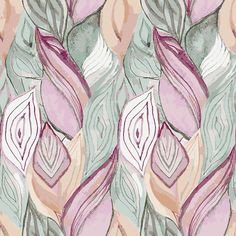 an abstract floral pattern with pink flowers and green leaves on a pastel colored background