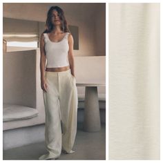 Nwt. Zara Mid-Ecru Full Length Pleated High-Waist Trousers With Side Pockets. Front Zip Fly, Inside Button And Metal Hook Fastening. Sie Xxl. Ref. 7385/445. Waist 18,5" Flat, Rise 14", Inseam 30". 1076 Zara Pants High Waist, Off White Cotton Wide Leg Pants For Spring, Chic Off White Cotton Wide Leg Pants, Spring Off White Cotton Wide Leg Pants, Fitted Wide Leg Pants For Summer, Summer Stretch White Pants, Fitted Wide Leg Viscose Pants, Fitted Cotton Wide Leg Pants For Daywear, Summer Neutral Bottoms For Daywear