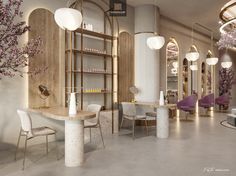 the interior of a nail salon with chairs, tables and flowers in vases on shelves