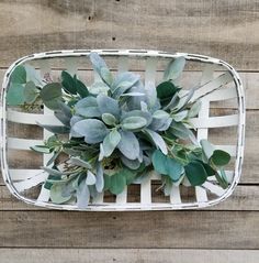 a white basket filled with green plants on top of a wooden floor