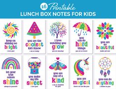 printable lunchbox notes for kids with unicorns, rainbows and flowers on them