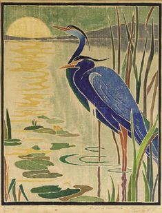 a painting of a blue heron standing in the water