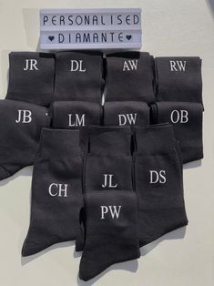 Monogrammed personalised socks  Black socks with neon colour wording up to 3 initals added   uk mens socks size  6-12uk 10-13 usa These stylish socks come with a choice of neon colours to make them stand out in the crowd ,great for a photo shoot on a wedding or the perfect give for the men you never no what to get   If you would like to have other wording on the socks please contact me before buying and I will give you the right page to buy them from ,  these will be custom made logo socks order Cheap Black Socks As Gift, Groomsmen Socks Ideas, Socks Monogram, Father Of Groom Gift, Neon Socks, Cheer Socks, Groomsmen Boxes, Personalised Socks, Groom Socks