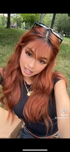 Ginger Head Aesthetic, Honey Red Hair Color Caramel Highlights, Cowgirl Copper Hair Dark Roots, Ginger With Dark Roots, Copper Hair On Asian Women, Ash Ginger Hair, Copper Hair Dark Skin, Muted Copper Hair, Ginger Hair On Brown Skin