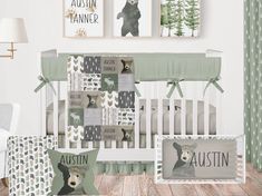 a baby crib bedding set with bear prints