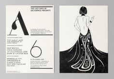 the back and side of an art deco brochure featuring a woman in a long black dress