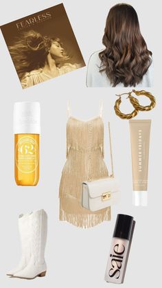 the contents of a woman's wardrobe including boots, handbag and cosmetics