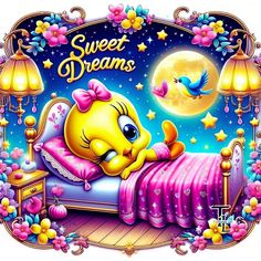 a cartoon character laying in bed with the words sweet dreams on it's side