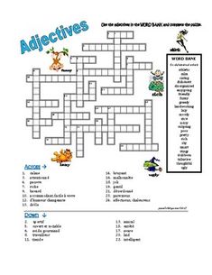 a crossword puzzle with the words adjecttives on it and an image of animals