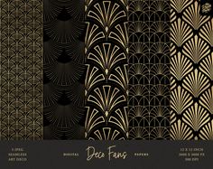 art deco digital paper pack with gold and black fan patterns on the front, in various sizes