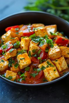 Cubes of paneer in a vibrant tomato-based curry, garnished with fresh cilantro. How To Cook Tofu In A Pan, Tofu Taste Like Chicken, How To Season Tofu, Flavorful Salads, Tofu Lasagna, Ways To Prepare Tofu, Tofu Lettuce Wraps, Tiffy Cooks Tofu, Tofu Steak