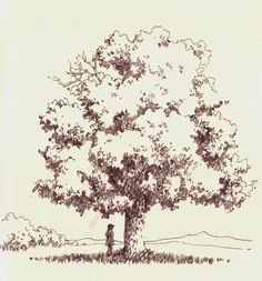 a drawing of a man standing next to a large tree in the middle of a field