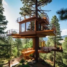 a tree house built into the side of a large pine tree in the mountainside