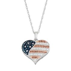 "Decorated with round-cut red, white and blue diamonds, this heart necklace beautifully conveys your patriotism. PENDANT DETAILSPendant length: .65 in.Chain length: 18 in.Clasp: spring-ringMetal: white rhodium-plated sterling silver, pink rhodium-plated sterling silver, blue rhodium-plated sterling silverDIAMOND DETAILSTotal weight: 1/4 ct.Shape: roundColor: red, white, blueColor grade: I-JClarity: I2-I3Setting: prongImage(s) may be enlarged to show detail.Diamond weights are approximate. Diamon Patriotic White Jewelry For 4th Of July, Patriotic Blue Necklace For Gift, Silver Jewelry For 4th Of July Gift, Silver Jewelry Gift For 4th Of July, Blue Patriotic Necklace For Gift, Patriotic Silver Jewelry For Independence Day, Blue Jewelry For Independence Day Gift, Patriotic American Flag Jewelry For Independence Day, Patriotic American Flag Jewelry Gift