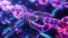 a close up of a chain on a black background with pink and blue lights around it