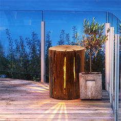 a tree stump sitting on top of a wooden deck next to a potted plant