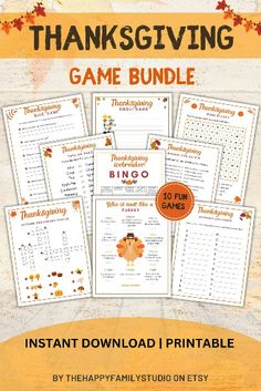 thanksgiving game bundle for kids with free printables on the front and back cover