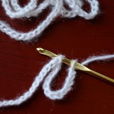 a pair of scissors sitting on top of a table next to some white yarn and thread