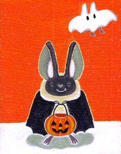 a painting of a bat with a jack - o'- lantern in its hand