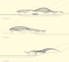 three diagrams showing the different stages of an architectural project, with mountains in the background