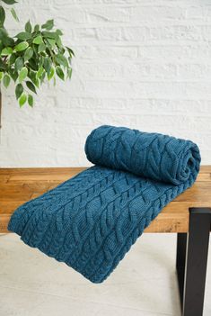 a blue blanket sitting on top of a wooden bench next to a potted plant