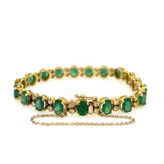 Oval Emerald and Diamond Bracelet in 18K Yellow Gold. The bracelet features 19 oval cut emeralds with 16.3ctw and 38 round diamonds with 1.22ctw.7" Length30 Grams Luxury Yellow Gold Oval Bracelets, Green Oval Diamond Bracelets, Oval Green Bracelets Fine Jewelry, 14k Gold Oval Link Gold-tone Bracelet, Luxury Gold-tone Oval Link Bracelet, Partner Cards, Event Gifts, Earring Necklace, Oval Cut