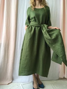 "Linen dress for women with belt, it's elegant, minimalist, and is sure to compliment every occasion, from formal gatherings to outings with friends. Made from 100% European flax, length in front is ± 120 cm(47\"), on back 138 cm(54\") Before placing an order, check the approximate measurements given below. If you are unsure about your size or would like to adjust the length of the item, you could leave your personal measurements (height, bust, waist and hips) in a personalization box. SIZE and Solid Tunic Dress For Spring, Solid Color Tunic Dress For Spring, Plain Linen Spring Dress, Solid Color Tunic Dress With Relaxed Fit, Elegant Linen Tunic Dress For Spring, Linen Belted Dress For Daywear, Solid Color Tunic Dress For Daywear, Elegant Linen Tunic Dress, Elegant Relaxed Fit Linen Maxi Dress