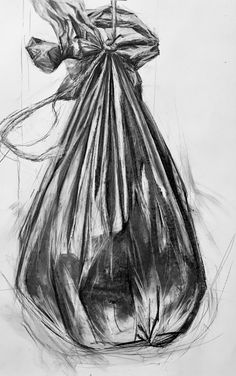 a black and white drawing of a garbage bag